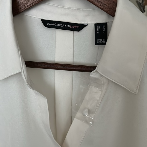 Isaac Mizrahi Live Stretch Crepe Blouse with Lace Sleeves Size M - Picture 3 of 8